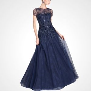 Teri Jon Navy Beaded Lace & Tulle Gown